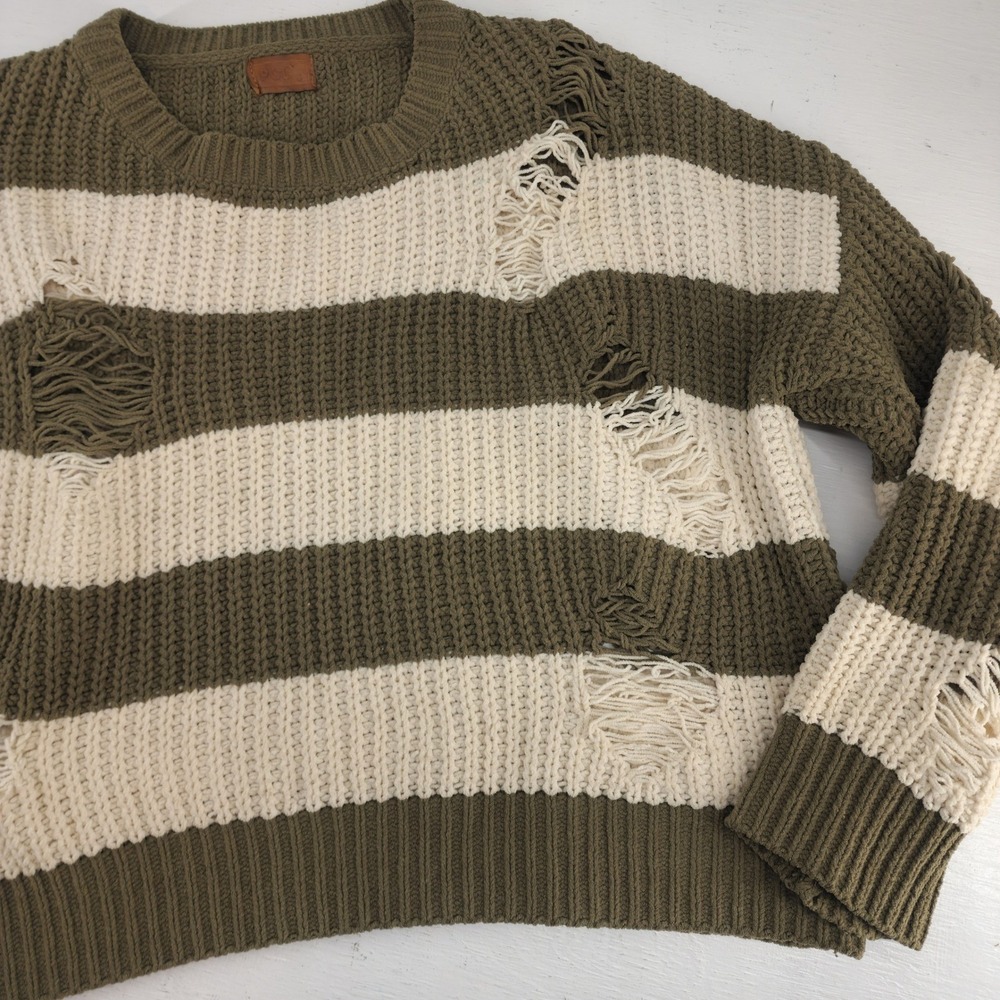 POL Olive Green Cream Striped Distressed Chunky Knit Sweater JST398 Womens Small - Picture 3 of 7